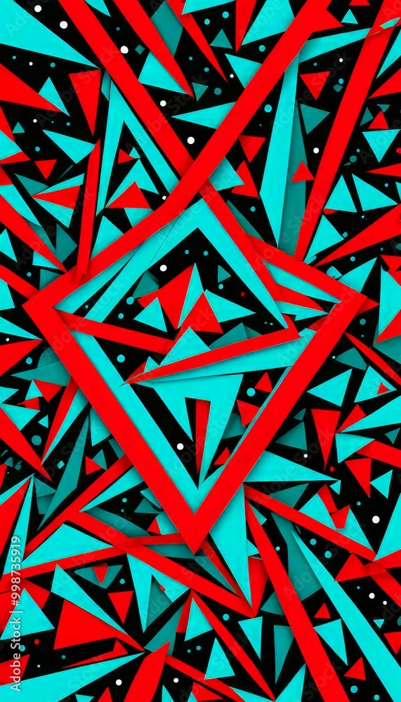 Fototapete a vibrant abstract composition of overlapping triangles in various shades of red, blue, and black, creating a dynamic and visually striking pattern