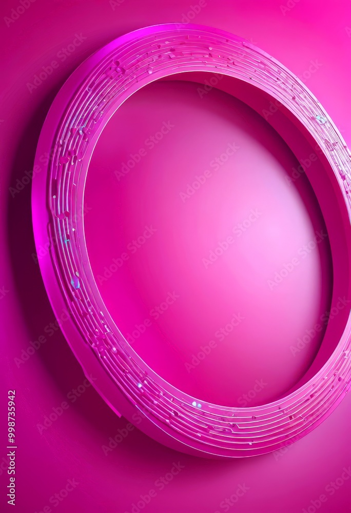 Poster a pink circular frame with a metallic, textured pattern on its surface, set against a gradient pink background