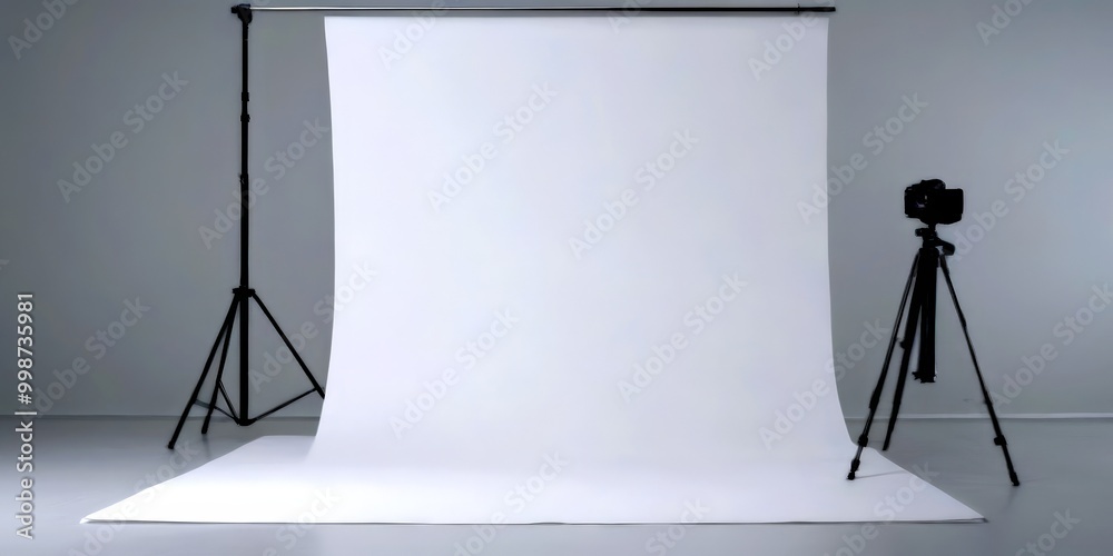 Poster a white sheet hangs on a tripod, with a camera mounted on the tripod to the right, against a plain g