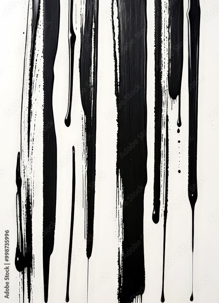 Poster a vertical arrangement of black paint strokes on a white background, creating a sense of verticality