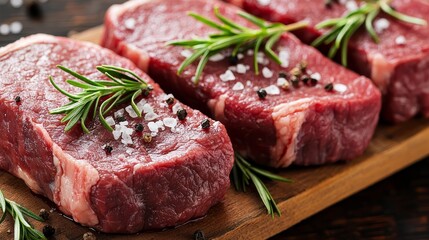 Fototapeta premium Succulent Raw Beef Steaks on Wooden Board - Gourmet Food Photography with Red Marbling and Seasoning, Rustic Cooking Concept