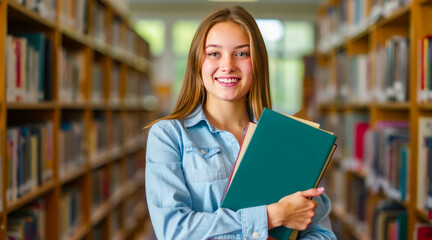 Young Woman Smiling While Holding Books in a Library