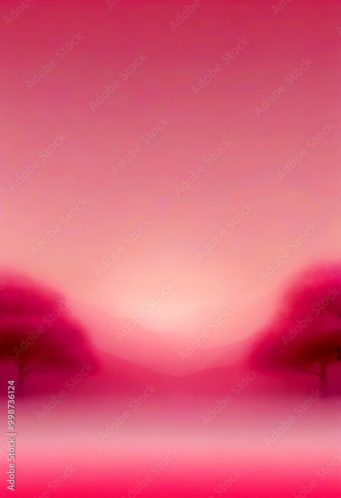 Poster A serene landscape with two trees silhouetted against a pink sky, creating a tranquil atmosphere