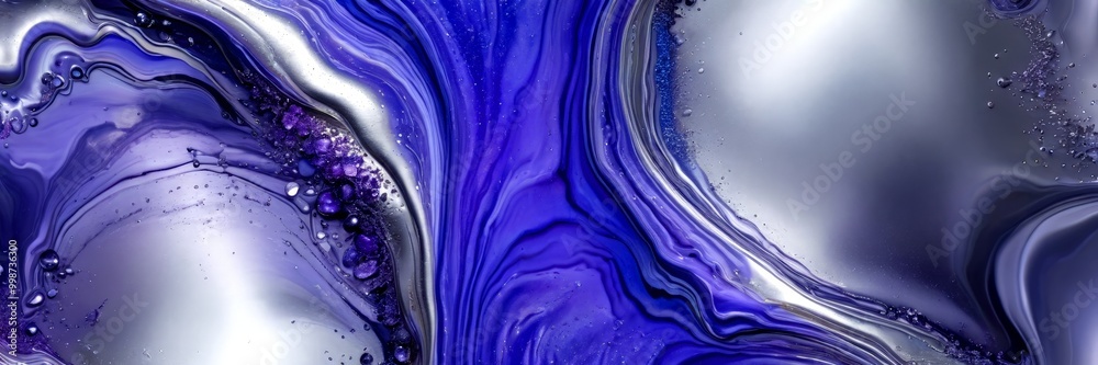 Poster a striking abstract pattern of swirling, fluid purple and silver hues, with small bubbles and drople
