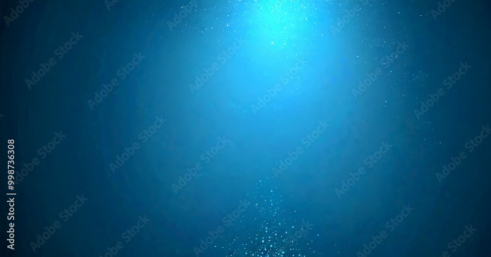 Poster a serene underwater scene with a deep blue background, a gradient of light blue towards the top righ