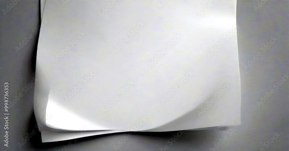 Aufkleber A white sheet of paper is slightly curled, creating a dynamic and textured composition against a plain gray background