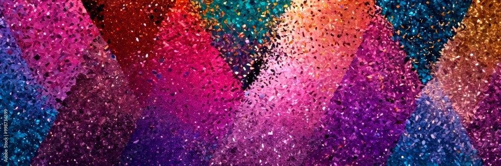 Aufkleber a vibrant abstract pattern composed of overlapping triangular shapes in various shades of pink, purple, orange, and blue, creating a dynamic and visually striking composition