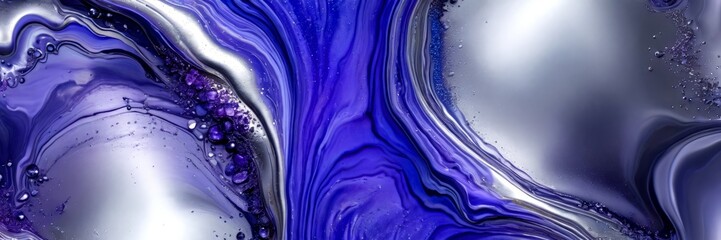 a striking abstract pattern of swirling, fluid purple and silver hues, with small bubbles and droplets scattered throughout, creating a sense of movement and dynamism