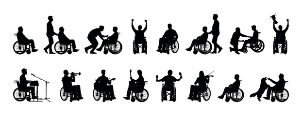 People in wheelchair different poses and expressions silhouette set collection.