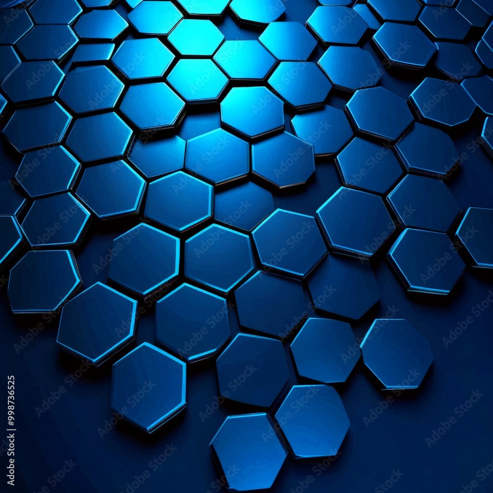Poster a repeating pattern of hexagonal shapes in shades of blue, arranged in a diagonal line across the frame The background is dark blue, providing a stark contrast to the