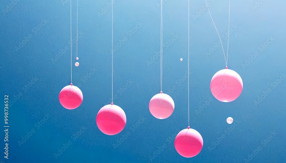 Poster pink and white balloons float against a deep blue sky, creating a whimsical and dreamlike scene