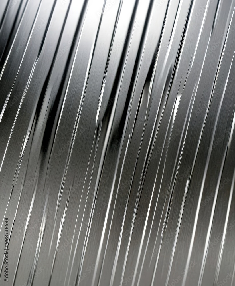 Poster a close-up view metallic surface with a repeating pattern of diagonal lines, creating a sense of movement and texture