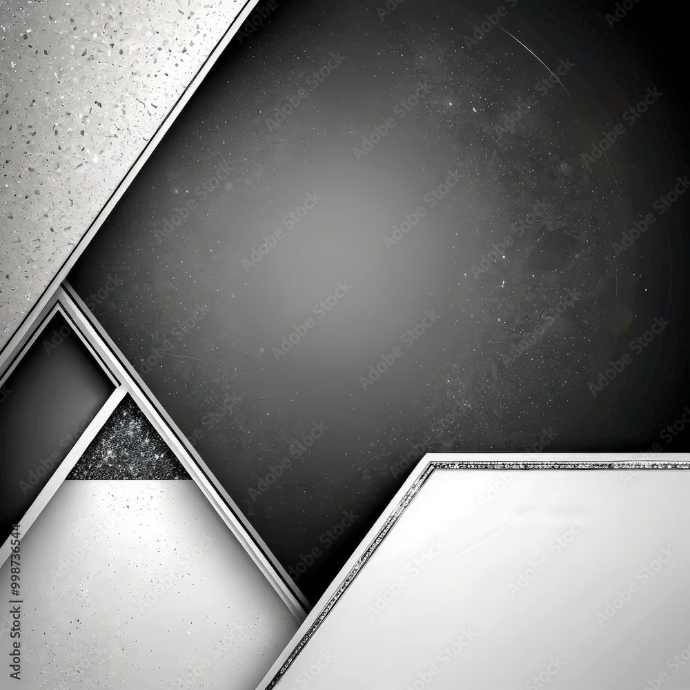 Poster a black and white abstract composition with geometric shapes and patterns The central area is a dark gray rectangle, while the edges are white and silver, creating a