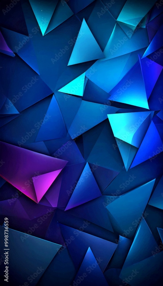 Poster a dark blue background with a multitude of overlapping triangular shapes in various shades of blue, 