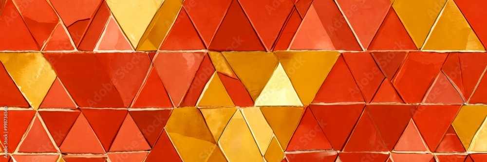 Aufkleber a close-up view pattern of overlapping triangular tiles in various shades of red and yellow, creating a vibrant and textured background