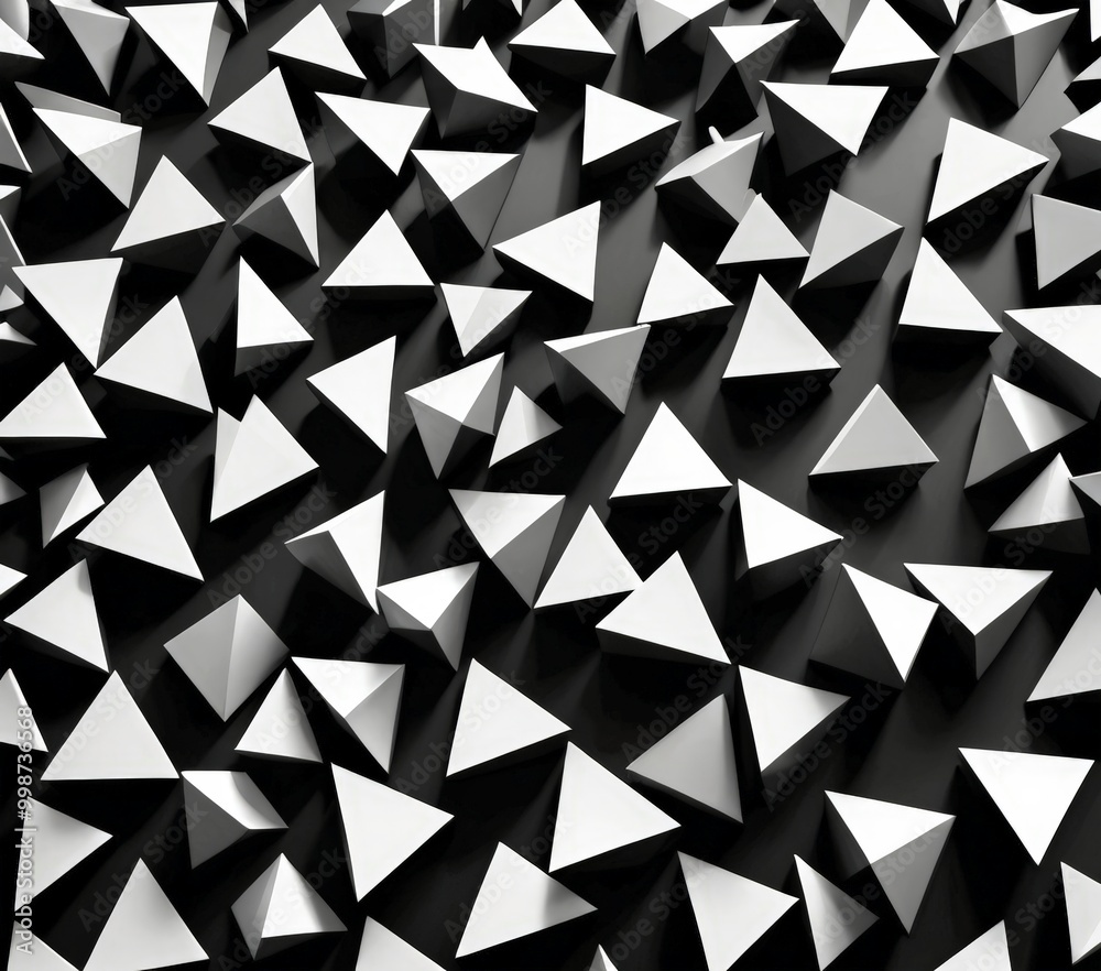 Poster a black and white image of numerous white triangles scattered across a dark background.
