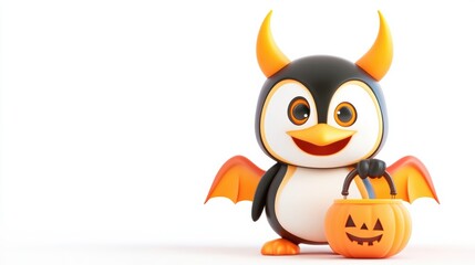 Fototapeta premium Cute Penguin Halloween Costume with Pumpkin Basket