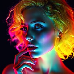 young woman displays an eye-catching hairstyle featuring bright pink, turquoise, and green colors. Her confident expression highlights the striking look.