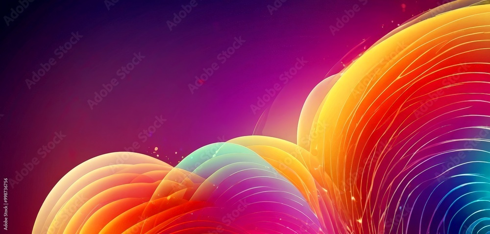 Poster a vibrant abstract composition of overlapping, concentric circles in a spectrum of colors, including red, orange, yellow, green, blue, and purple, creating a dynamic and