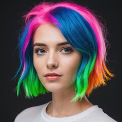 Fototapeta premium young woman displays an eye-catching hairstyle featuring bright pink, turquoise, and green colors. Her confident expression highlights the striking look.