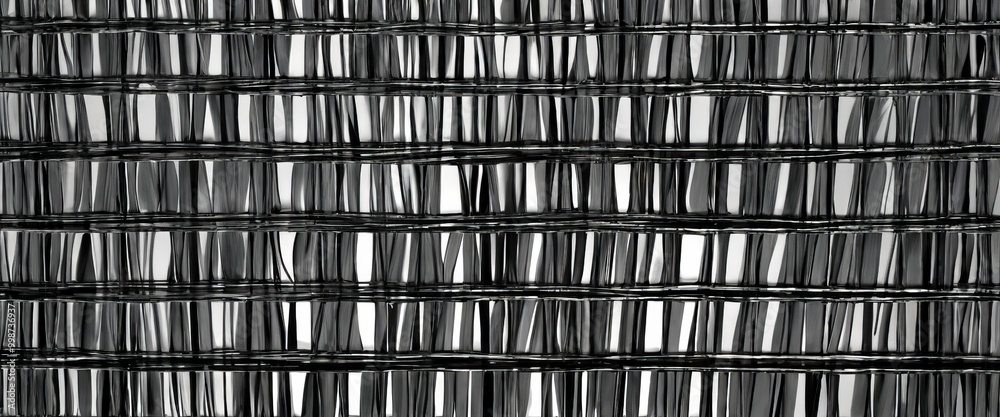 Poster a close-up black and white photograph woven fabric, showcasing the intricate pattern of vertical and