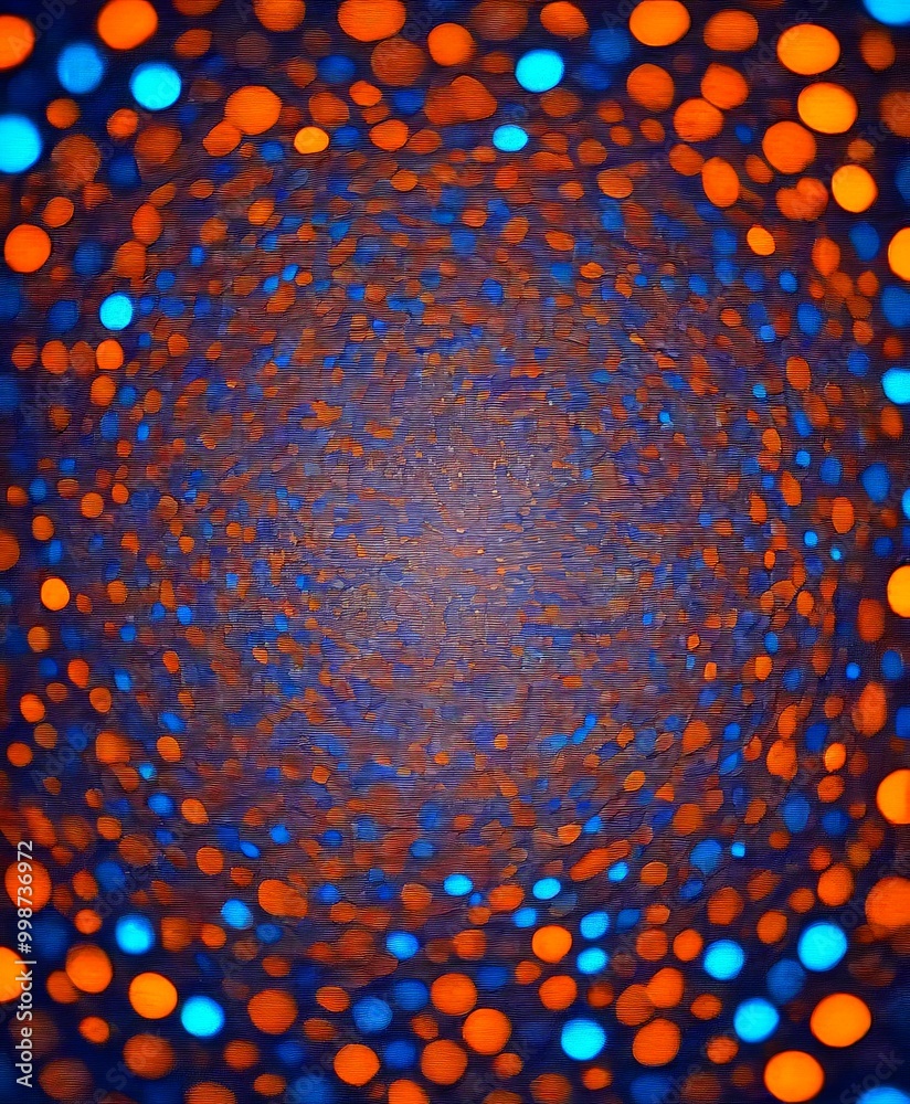 Fototapete a circular pattern of orange and blue dots, creating a sense of depth and dimensionality The background is dark, providing a stark contrast to the vibrant colors of the dots