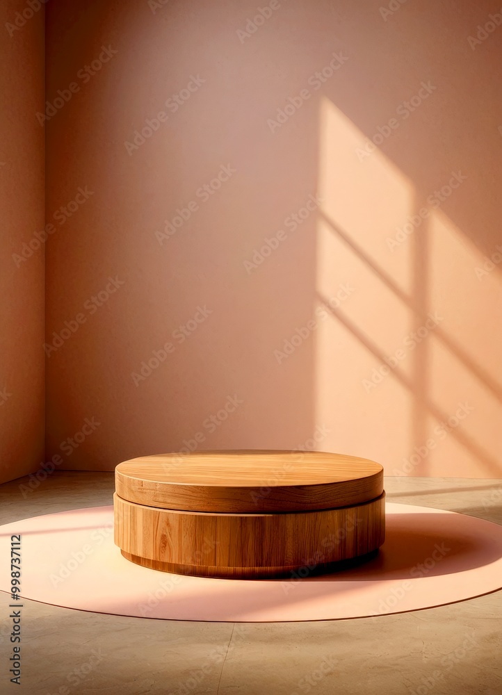 Poster a wooden round podium with a lid sits on a pink circular rug in a minimalist room with a peach-color