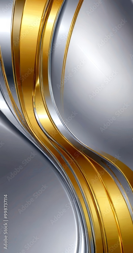 Poster a dynamic abstract composition of curved lines in varying shades of gold and silver, creating a sense of movement and depth