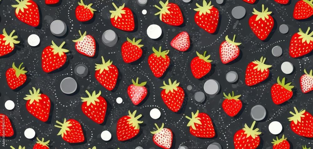 Poster a repeating pattern of red strawberries with green leaves against a black background, with white cir