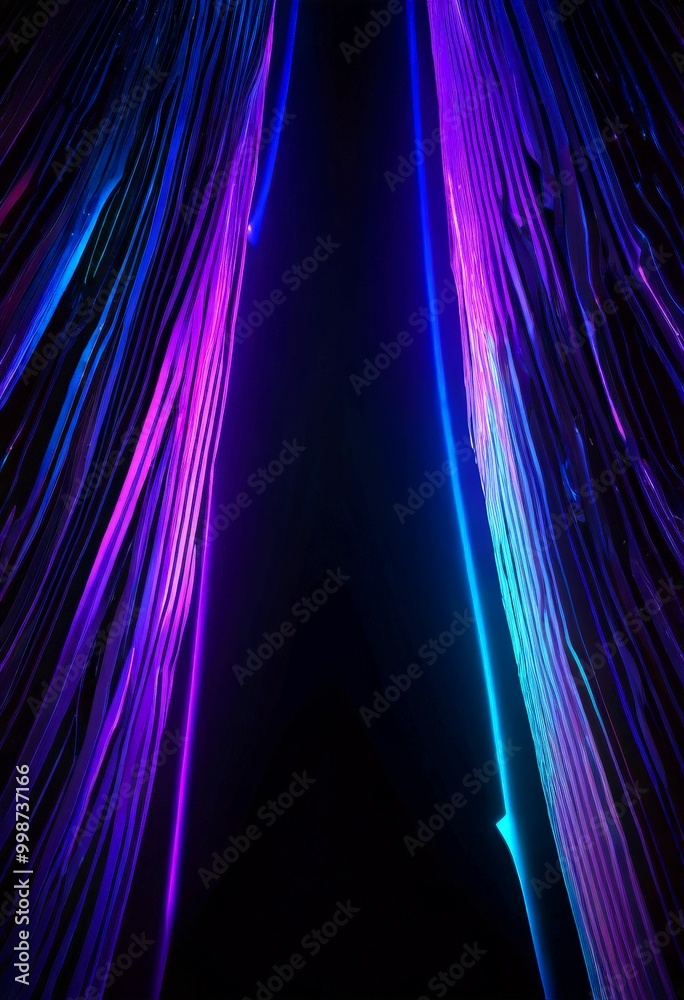 Poster a dark background with a striking contrast of purple and blue lines, creating a sense of depth and movement The lines appear to be emanating from the center, leading the