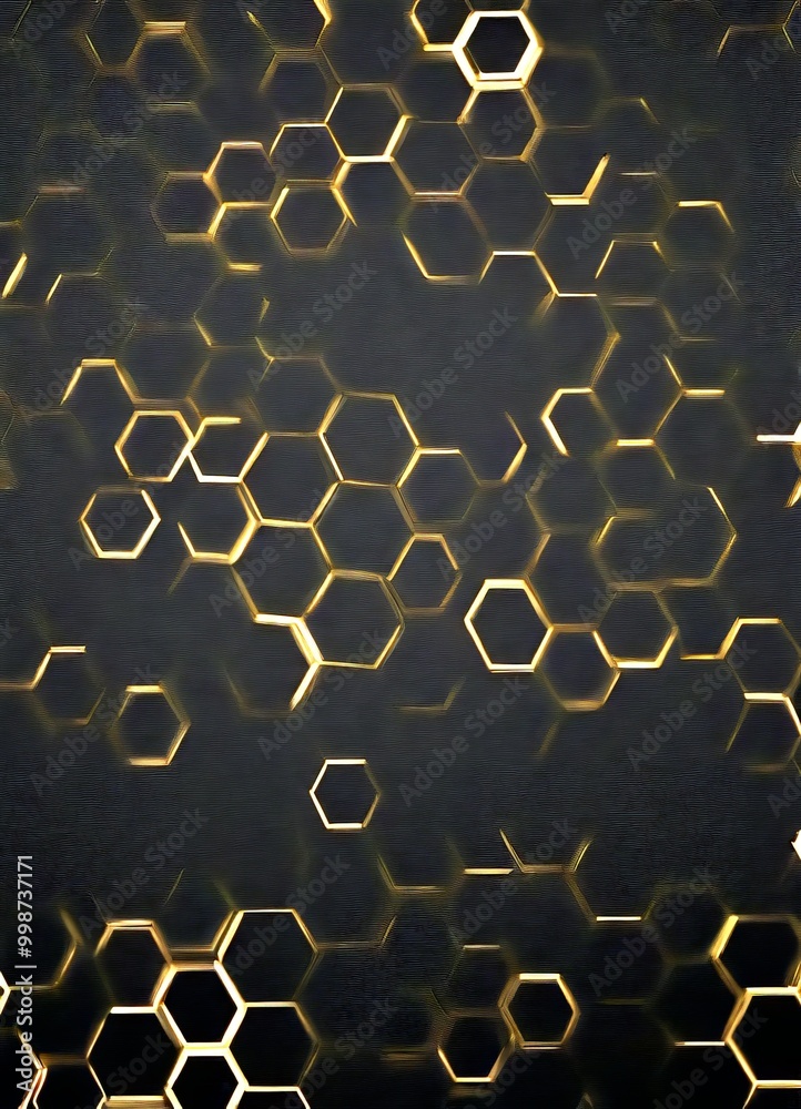 Poster a dark background with a repeating pattern of golden hexagonal shapes, creating a visually striking and abstract design