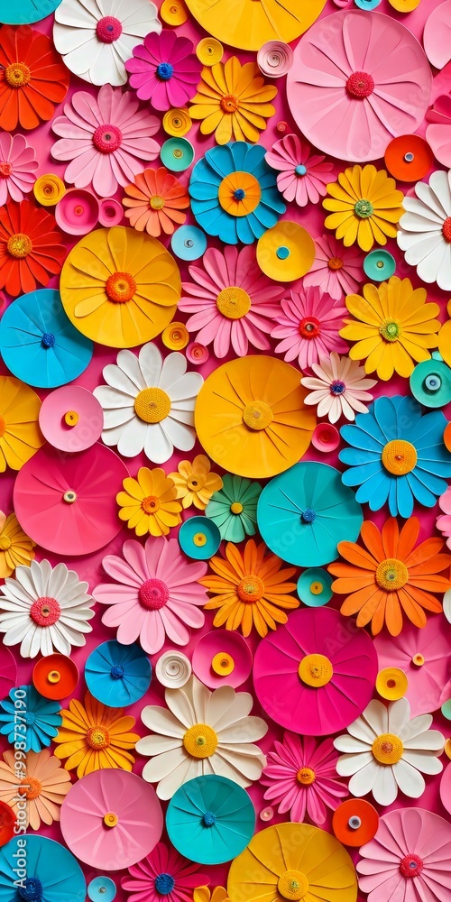 Poster a vibrant collage of paper flowers in various colors and shapes, arranged in a visually striking pat