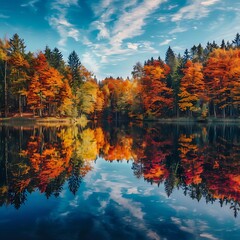 Obraz premium Serene lake surrounding by trees ablaze with autumn colors, reflecting the beauty of the season in the tranquil water.