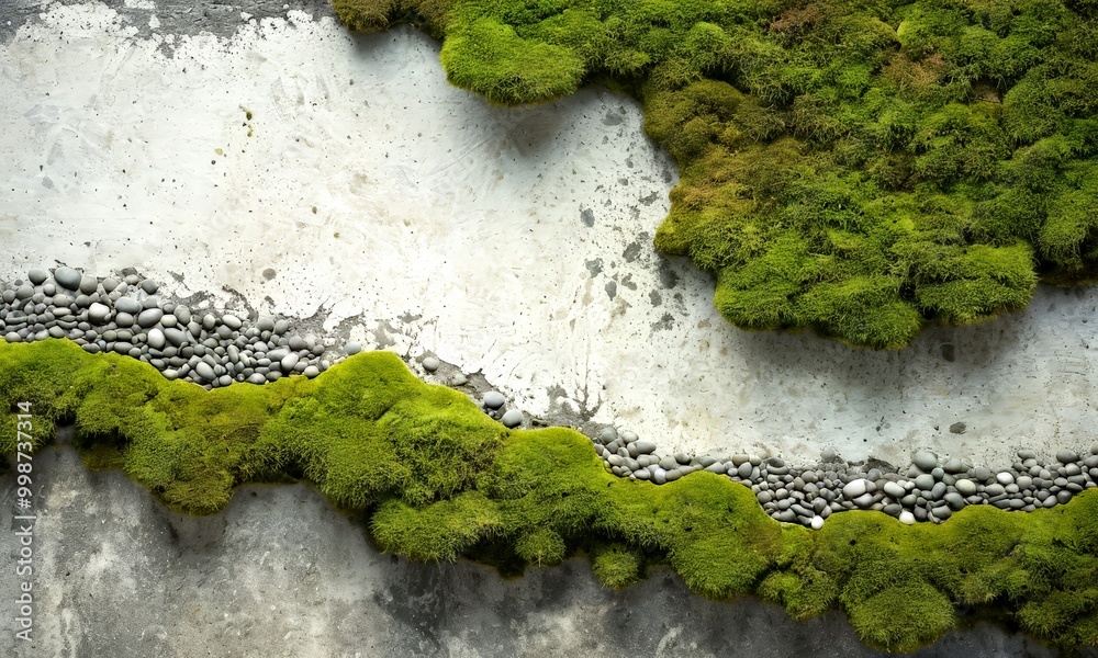 Poster a close-up view concrete wall adorned with a lush layer of green moss, interspersed with small gray 