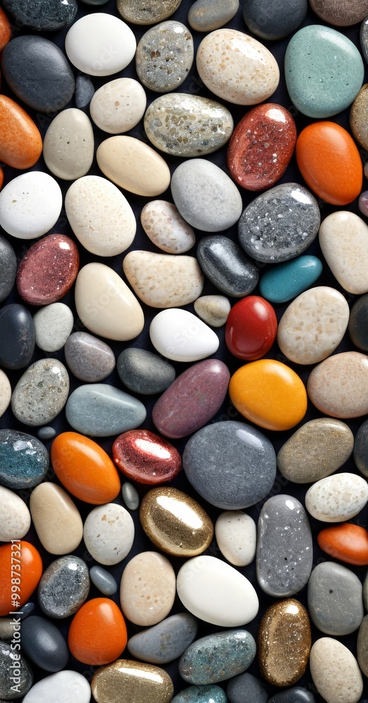 Aufkleber A close-up image of a variety of colorful pebbles and stones arranged in a visually appealing pattern against a dark background.