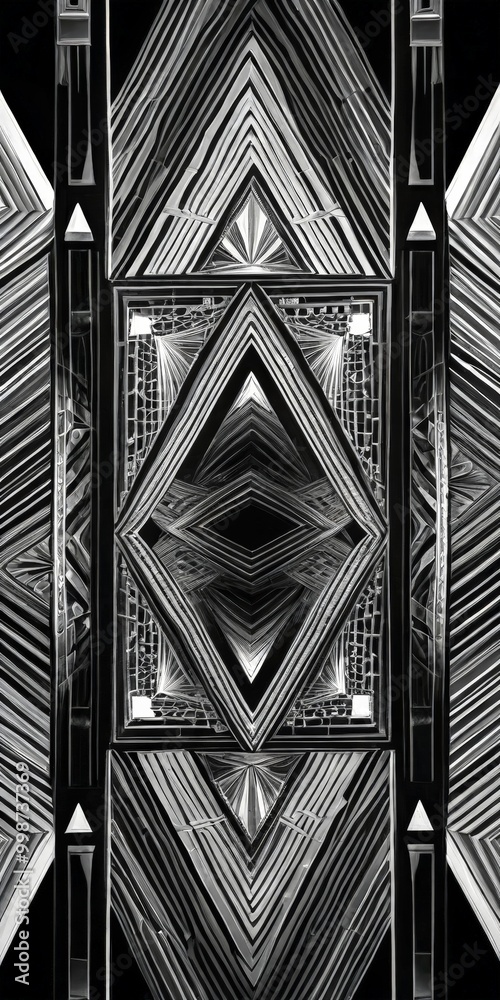 Aufkleber a striking black and white photograph featuring a geometric pattern composed of intersecting lines and triangles, creating a sense of depth and complexity