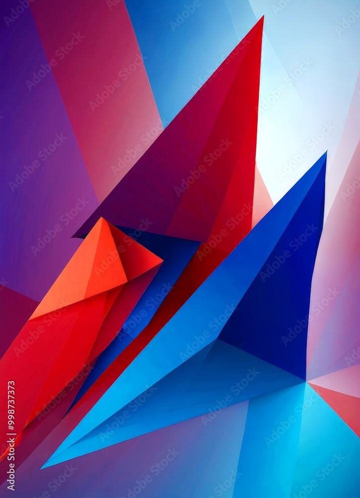 Poster a vibrant abstract composition of overlapping triangular shapes in various shades of red, blue, and purple, creating a dynamic and visually striking scene