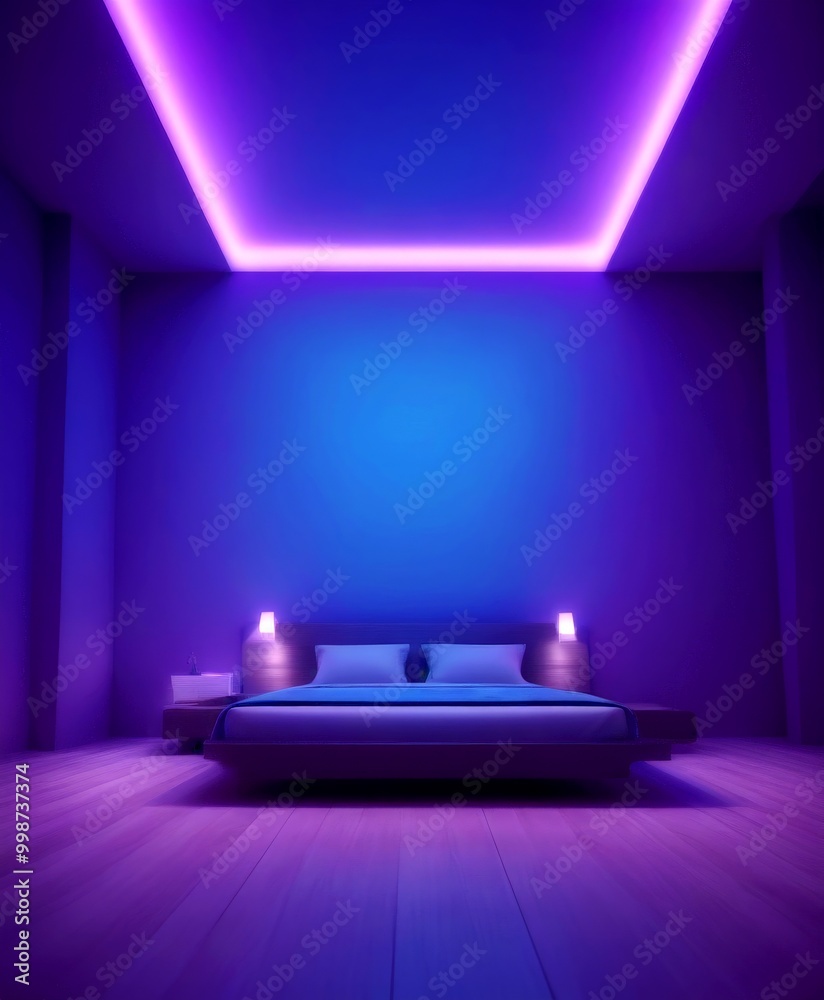 Poster A modern bedroom with a minimalist design features a large bed with a white headboard and two nightstands on either side, illuminated by a purple light strip