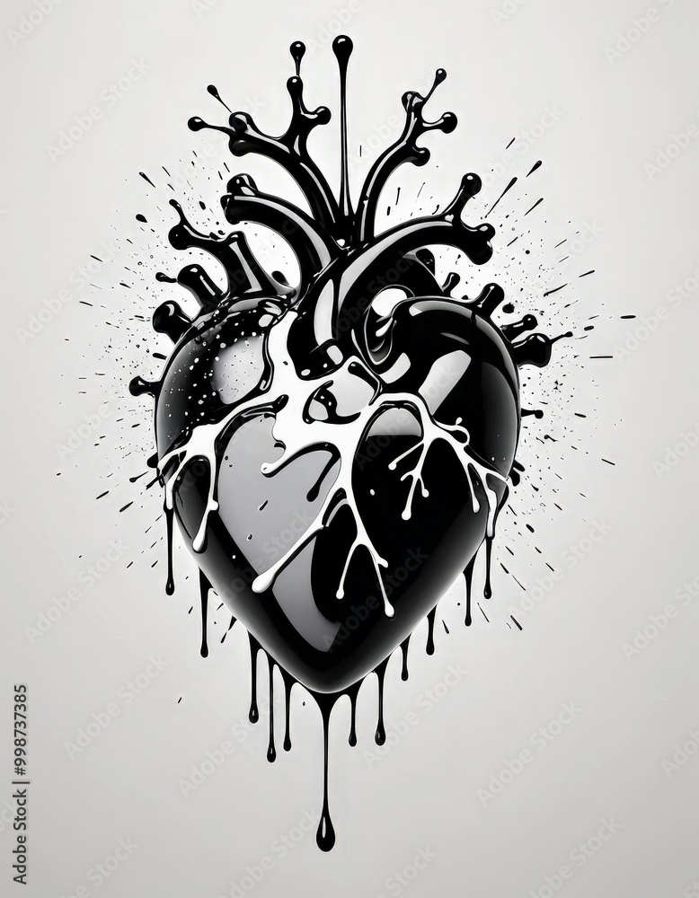 Poster a black heart-shaped object is depicted with a black liquid dripping from it, creating a dynamic and