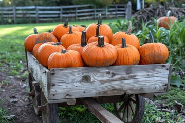 A wooden cart filled with pumpkins in a rustic farm setting, vibrant autumn colors, photorealistic style, abundant harvest