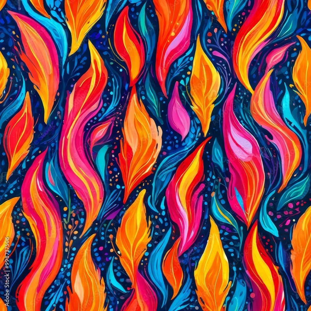 Poster a vibrant, abstract pattern of overlapping, curved lines and shapes in a variety of bright colors, i