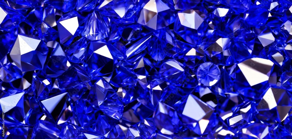 Poster a close-up view collection of faceted, faceted, and faceted diamonds in various shades of blue, set 