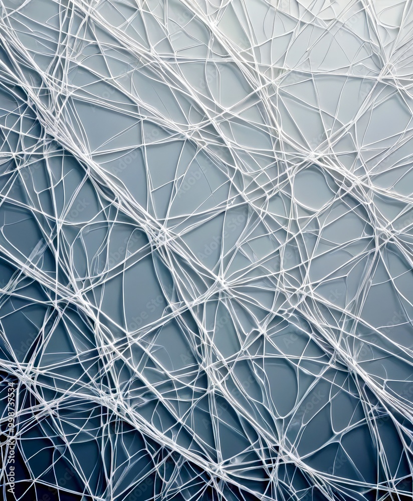 Poster a complex web of white lines and curves, creating a visually striking abstract pattern against a gray background