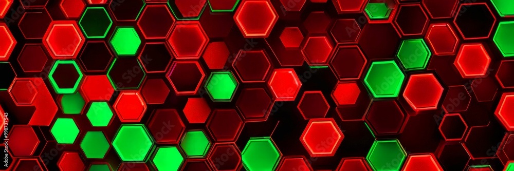 Poster a pattern of red and green hexagonal shapes, arranged in a grid-like fashion, creates a visually str