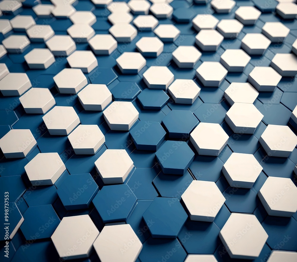 Poster A close-up view repeating pattern of white hexagonal shapes on a blue background