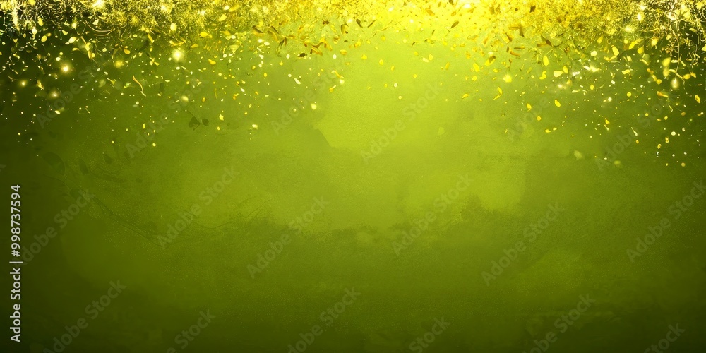 Poster a dark green background with a scattering of golden confetti and glittering lights, creating a festi