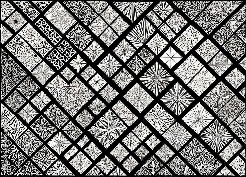 Poster a black and white abstract composition featuring a grid of square tiles with various geometric patterns and designs, including radiating lines, flowers, and