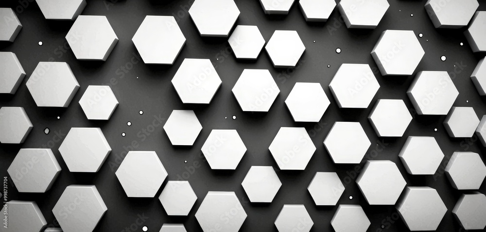 Poster A repeating pattern of white hexagonal shapes on a black background, with small white dots scattered throughout.