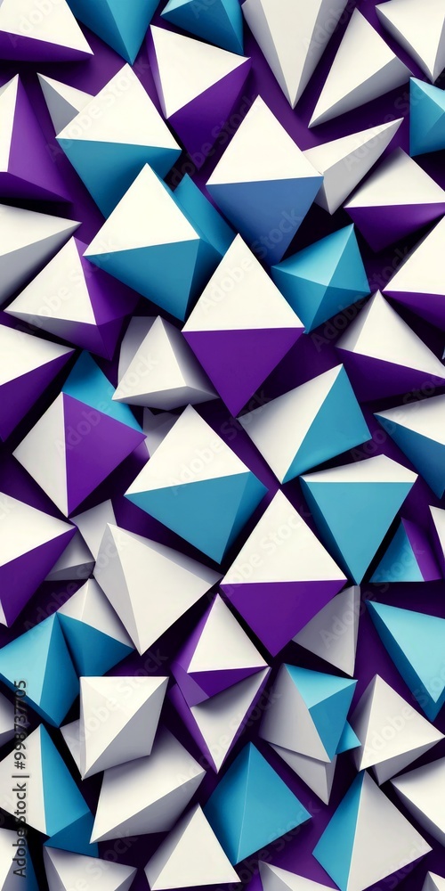 Poster a geometric pattern composed of numerous white and blue triangles arranged in a random, overlapping manner
