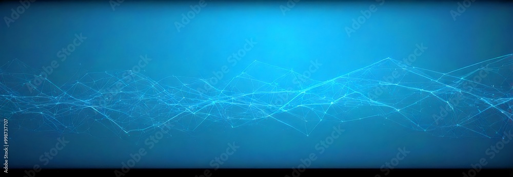 Poster a digital illustration of a blue gradient background, with a network of interconnected lines and dots forming a wave-like pattern.